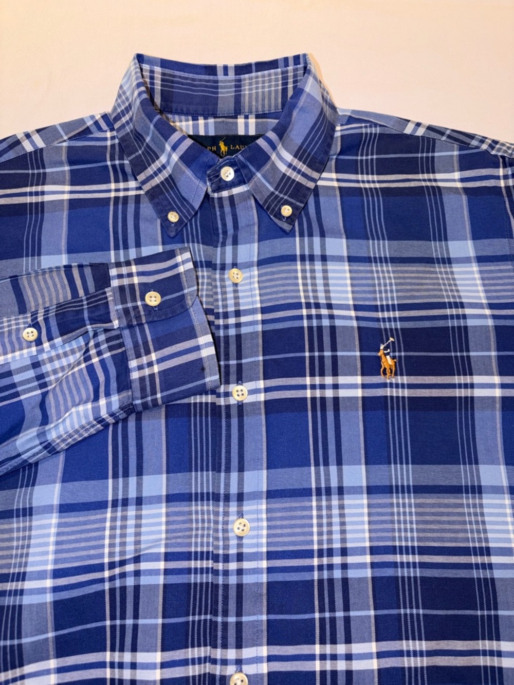 Ralph Lauren Men’s Blue Plaid Button Down Oxford Shirt Size Medium